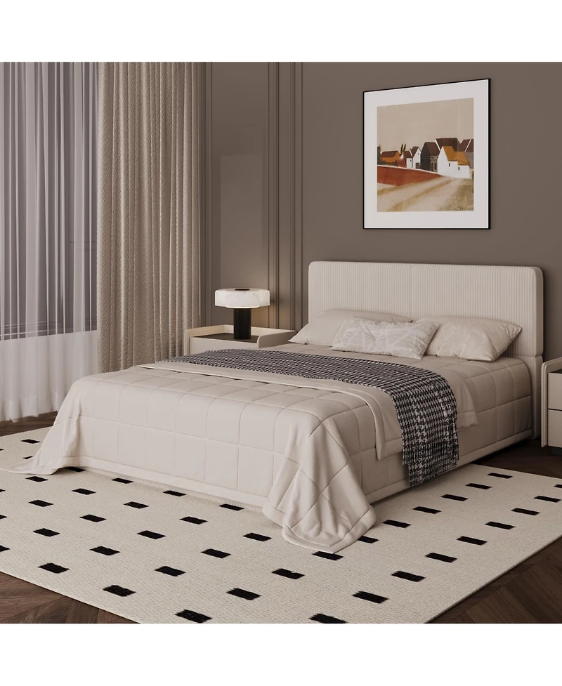 homfan Upholstered Platform Bed Frame with Headboard, Corduroy or Pu Cover, Wooden Slats and Quiet Support, No Box Spring Needed
