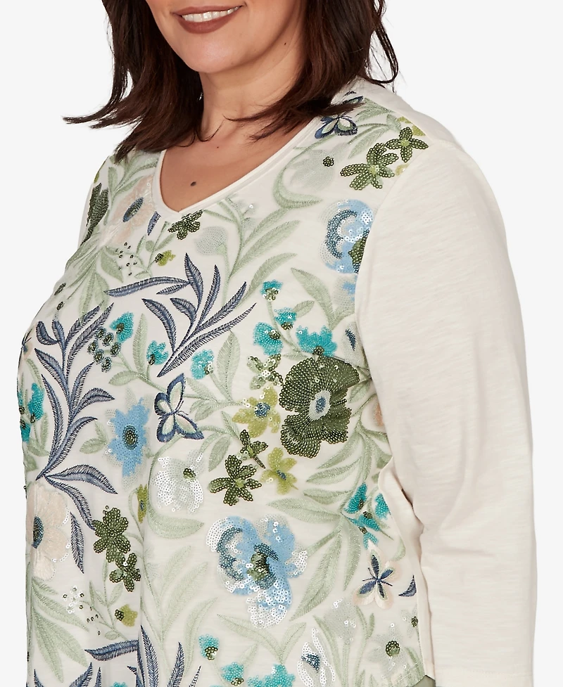 Alfred Dunner Plus Indigo Girls Sequined Floral Mesh Overlay Knit Top