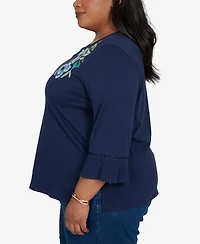 Alfred Dunner Plus Indigo Girls Asymmetric Sequin Flowers Knit Top