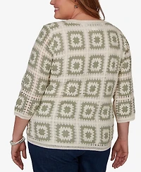 Alfred Dunner Plus Indigo Girls Crochet Squares Top