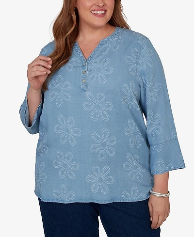 Alfred Dunner Plus Camden Market Tonal Embroidered Soft Henley Top