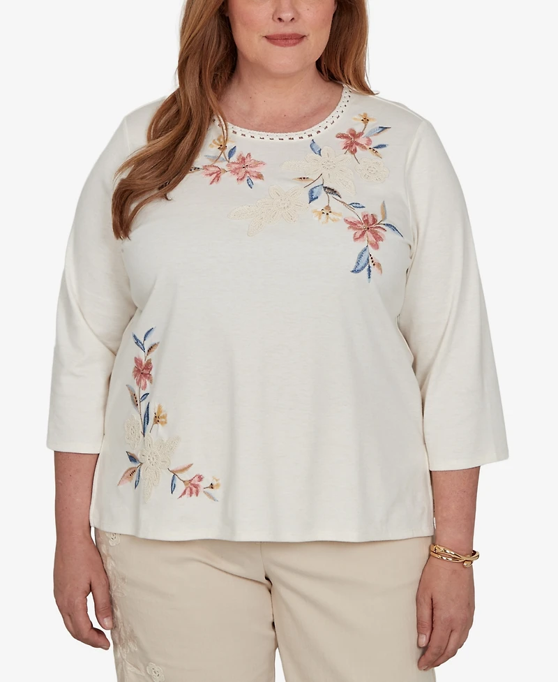 Alfred Dunner Plus Camden Market Crochet Embroidered Floral Knit Top
