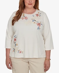 Alfred Dunner Plus Camden Market Crochet Embroidered Floral Knit Top