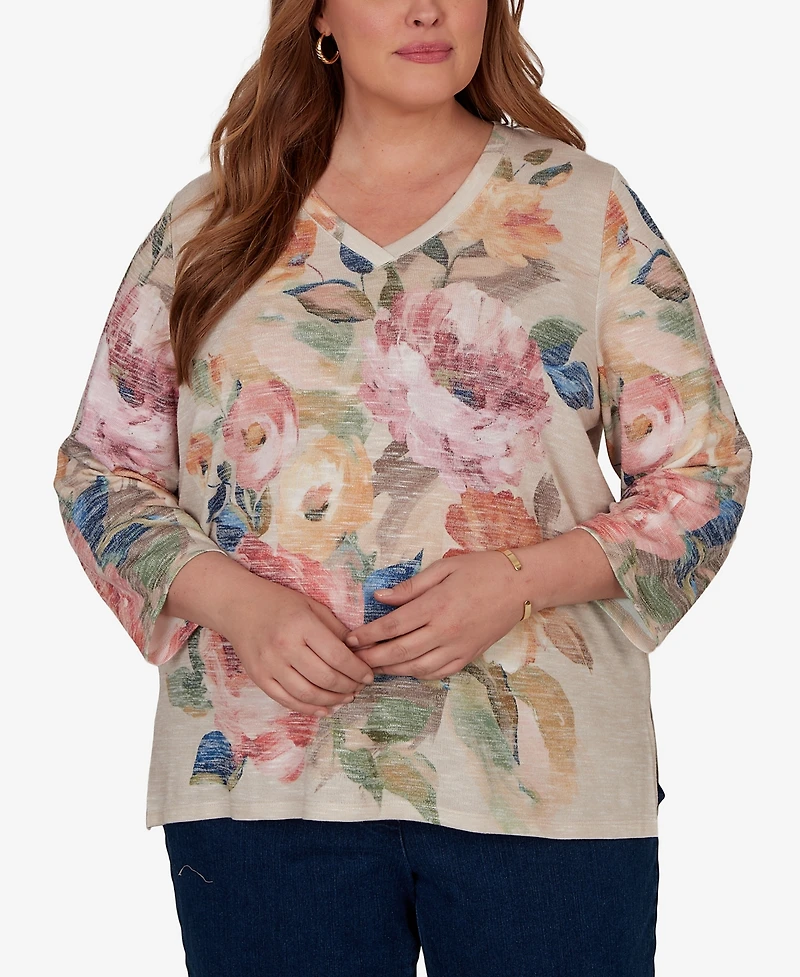 Alfred Dunner Plus Camden Market Bold Roses V-Neck Knit Top