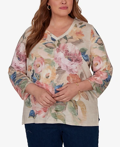 Alfred Dunner Plus Camden Market Bold Roses V-Neck Knit Top