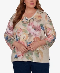 Alfred Dunner Plus Camden Market Bold Roses V-Neck Knit Top