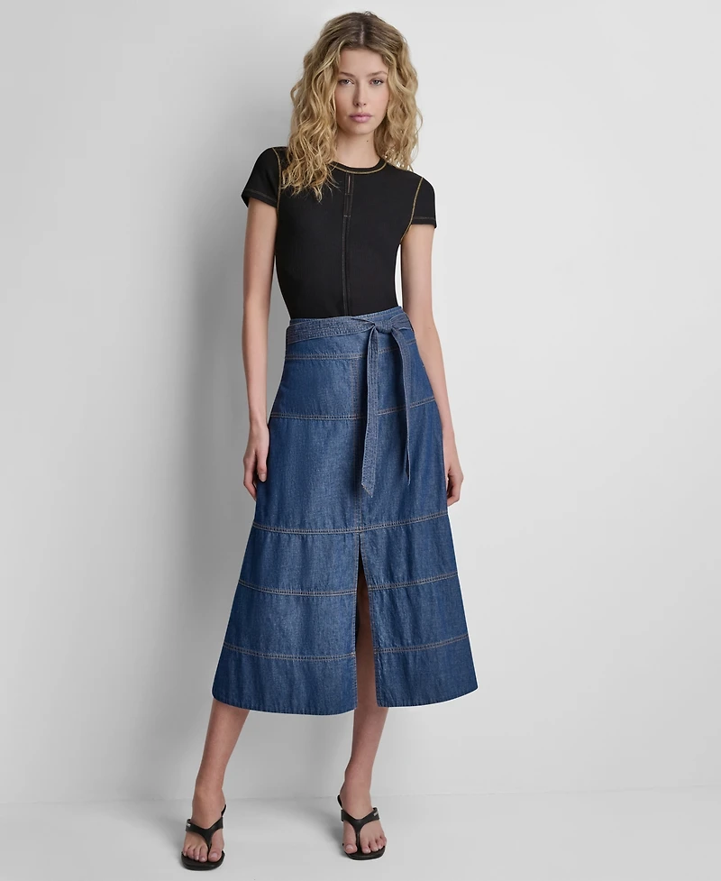 Dkny Women's Tie-Waist Contrast Stitch Cotton Midi Skirt