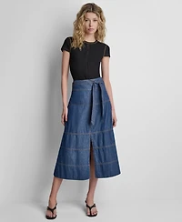 Dkny Women's Tie-Waist Contrast Stitch Cotton Midi Skirt