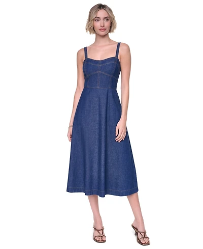 Dkny Women's Straight Neck Sleeveless Contrast Stitch Midi Dress