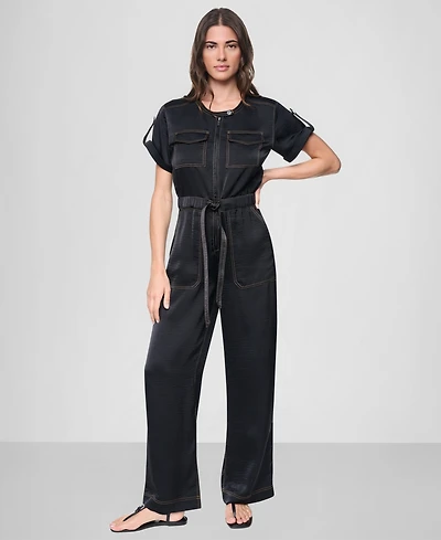 Dkny Women's Short-Sleeve Contrast Stitch Straight Jumpsuit