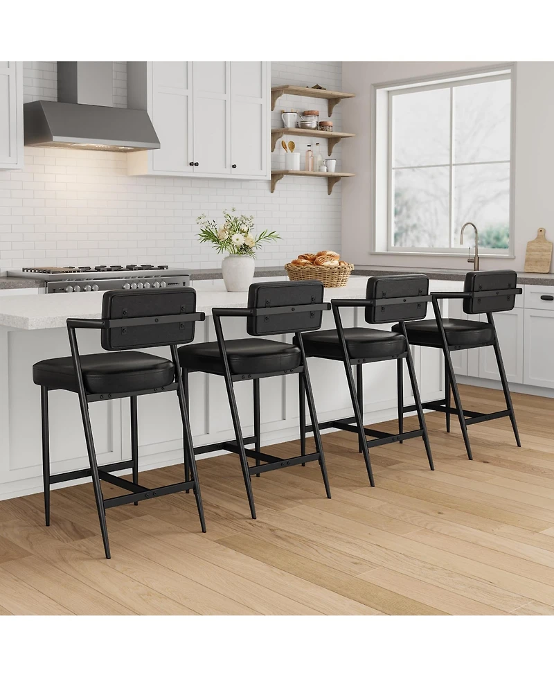 homfan 2 Pcs Modern Counter Height Bar Stools, Pu Leather Design with High Backrest, Armrests and Thick Cushion, Metal Frame for Kitchen Island