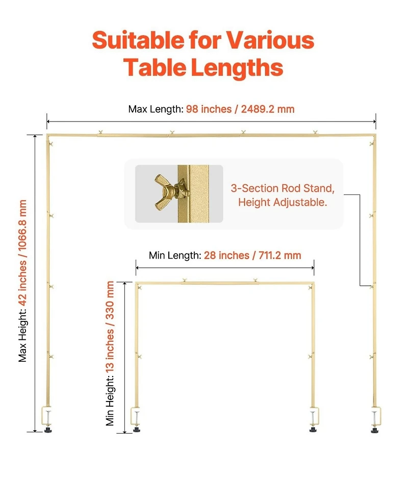 Sugift Adjustable Over The Table Rod Stand with Clamps 13 in 28 in 42 in for Wedding Party Decor