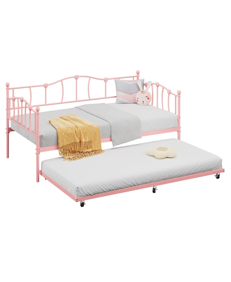 homfan Metal Daybed with Trundle, Twin Day Bed with Heart Design Headboard, Steel Slat Support, No Box Spring Needed