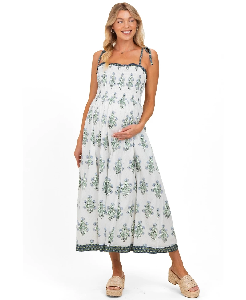 Pinkblush Maternity Off White Floral Smocked Shoulder Tie Maxi Dress
