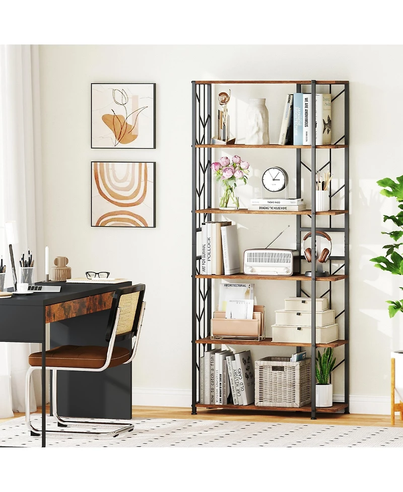 Gymax 6-Tier Bookshelf with Heavy-duty Metal Frame2 Anti-tipping Kits for Study