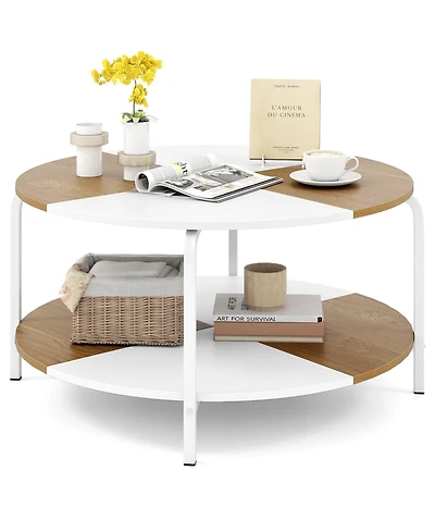 Gymax 2-Tier Round Coffee Table With Storage Shelf Metal Frame for Living Room Apartment