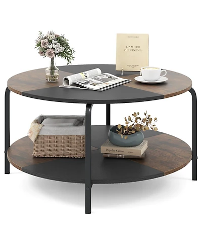 Gymax 2-Tier Round Coffee Table With Storage Shelf Metal Frame for Living Room Apartment