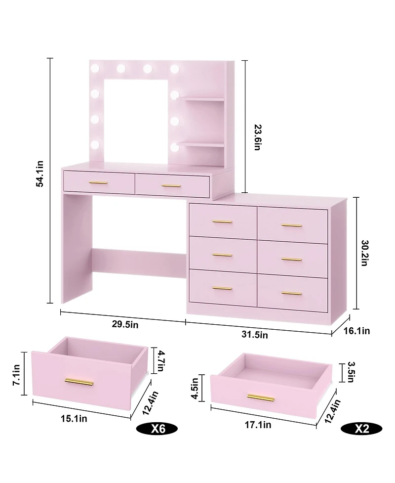 homfan 61" Make Up Vanity Desk with Mirror and Lights, Vanity with 8 Wide Storage Drawers and 2 Tier Shelves