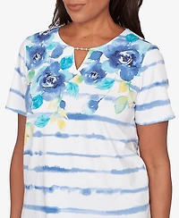 Alfred Dunner Petite Striped Floral Split Neck Top