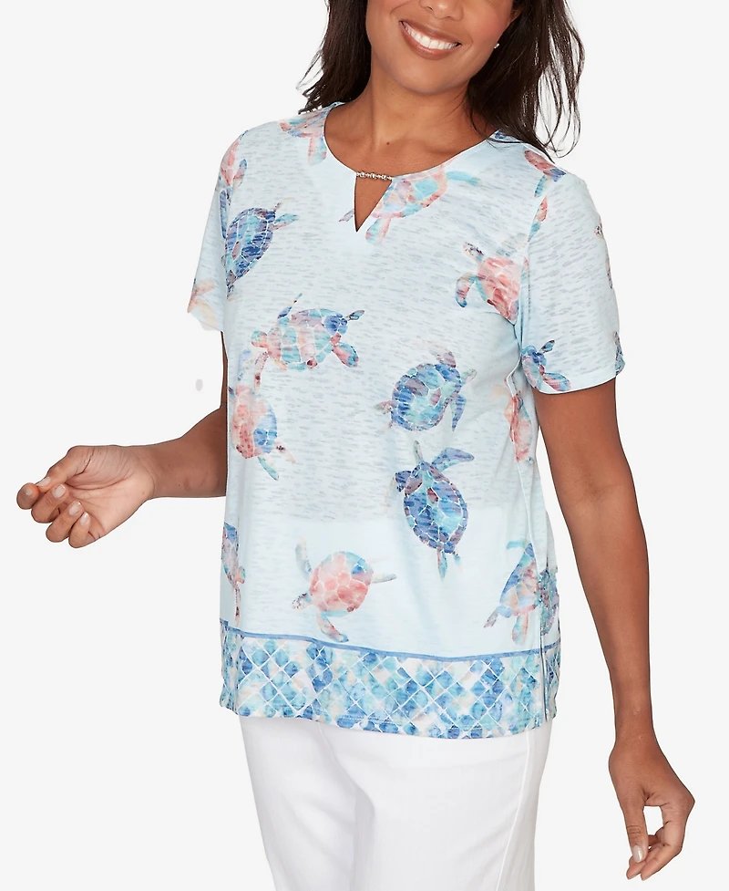 Alfred Dunner Petite Sea Turtle Border Split Neck Top