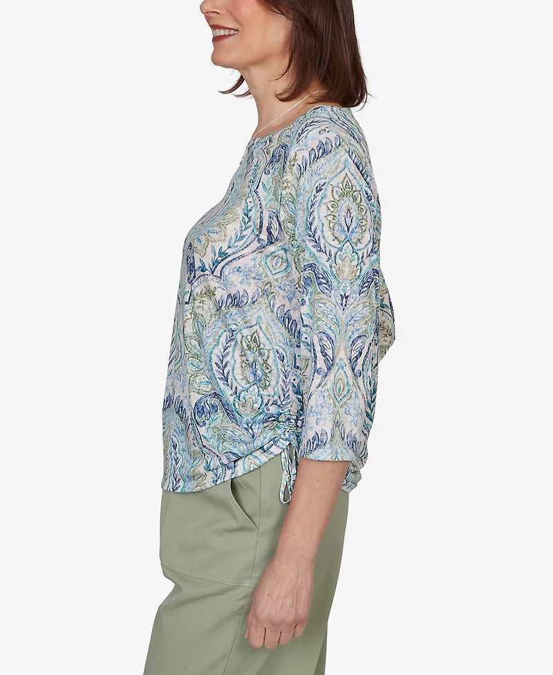 Alfred Dunner Petite Indigo Girls Medallion Print Braided Neck Top
