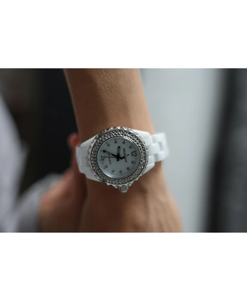 Peugeot Women's 36mm White Ceramic Watch with Silver Crystal Bezel