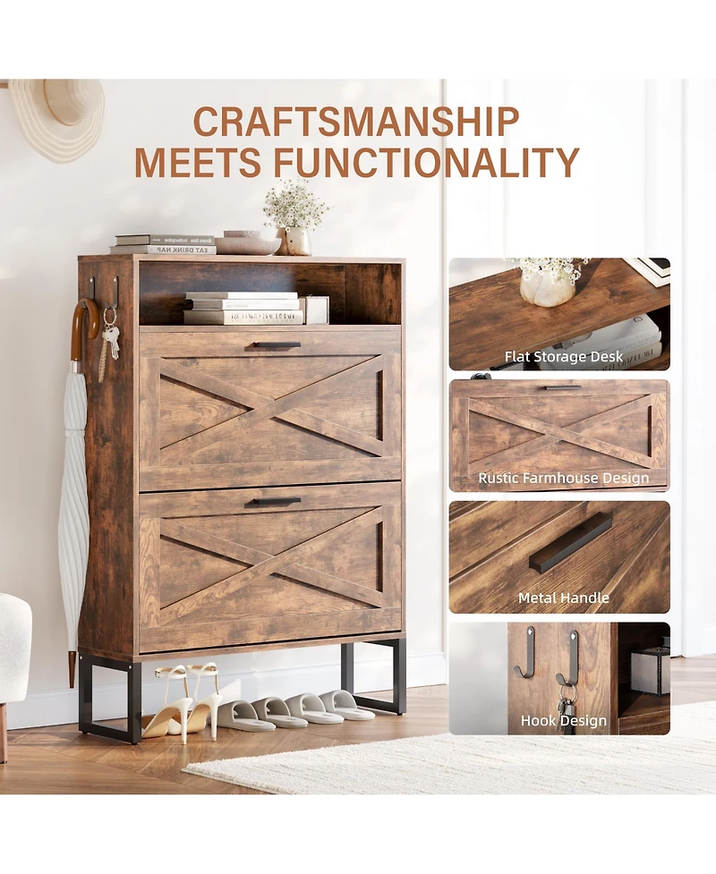 Farmhouse 2-Tier Flip Drawer Shoe Storage Cabinet with Hooks