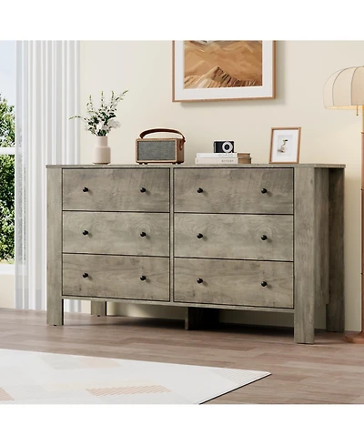 homfan Wide 6 Drawer Dresser for Bedroom - Modern Wooden Chest with Deep Storage Drawers, Metal Knobs Ideal Kids Room, Entryway, Hallway