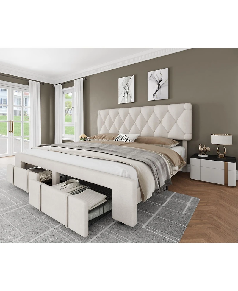 Homfan upholstered platform bed with padded headboard, wood slats, and 2 storage drawers-no box spring needed