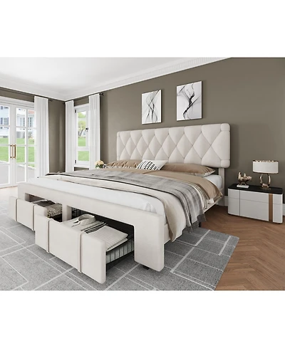 Homfan upholstered platform bed with padded headboard, wood slats, and 2 storage drawers-no box spring needed