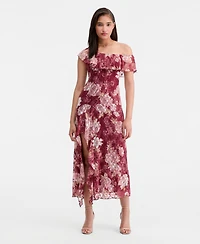 Trixxi Juniors' Floral Print Lace Off-The-Shoulder Midi Dress