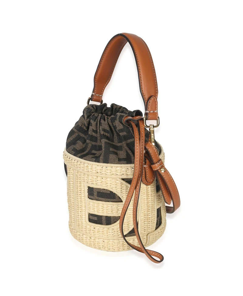Pre-Owned Fendi Beige Brown Raffia Zucca Canvas Ff Step Out Bucket Bag