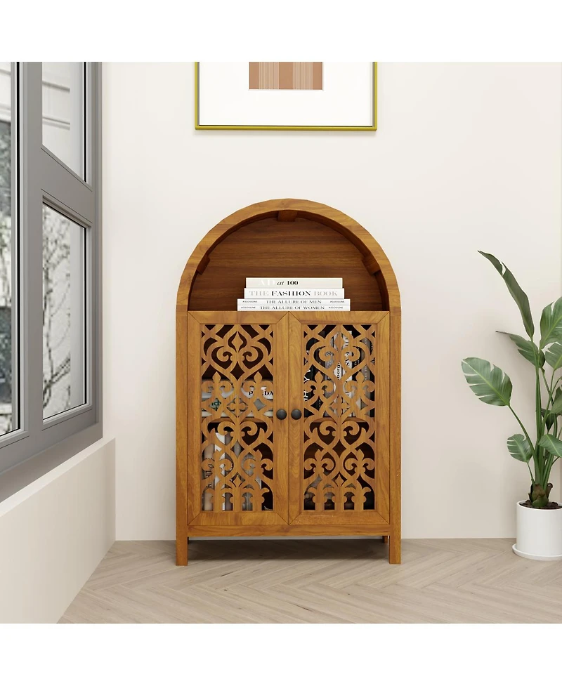 Streamdale Furniture Hand-Carved Solid Wood Arched Storage Cabinet with Open Shelf