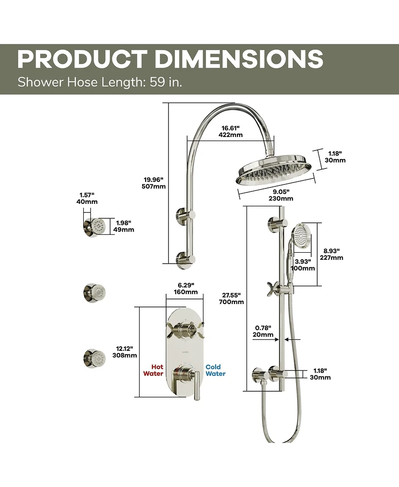 Casainc 3-Function Vintage Thermostatic Rainfall Shower System with Rainfall Head, Hand Shower and Body Jets