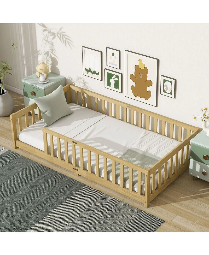 Clihome Twin Size Floor Bed with Fence without Door