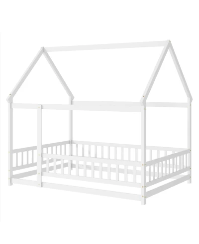 Clihome Full Size House Floor Wooden Bed with Roof Frame, Safety Guardrails