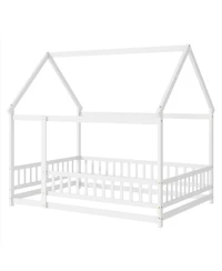 Clihome Full Size House Floor Wooden Bed with Roof Frame, Safety Guardrails
