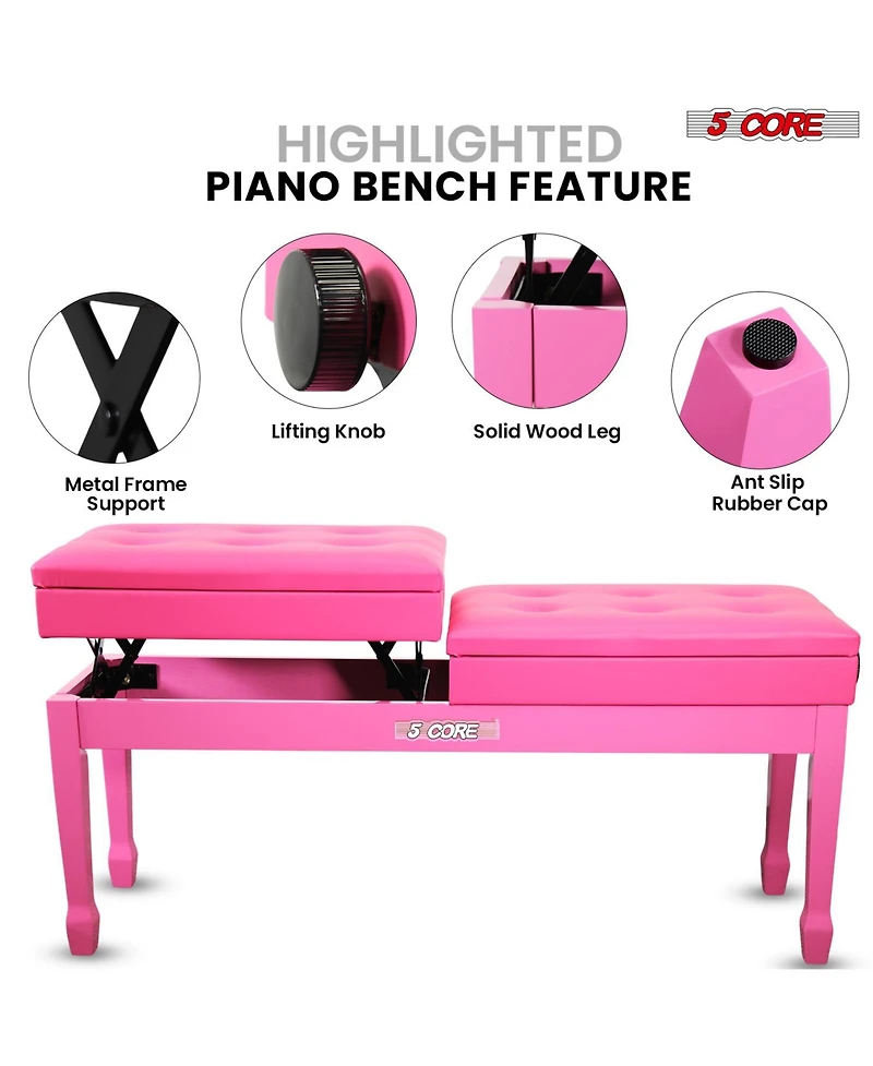5 Core Duet Piano Bench 3.5 Inch Padded Cushioned Stool Wooden Heavy Duty Musician Chair w Storage
