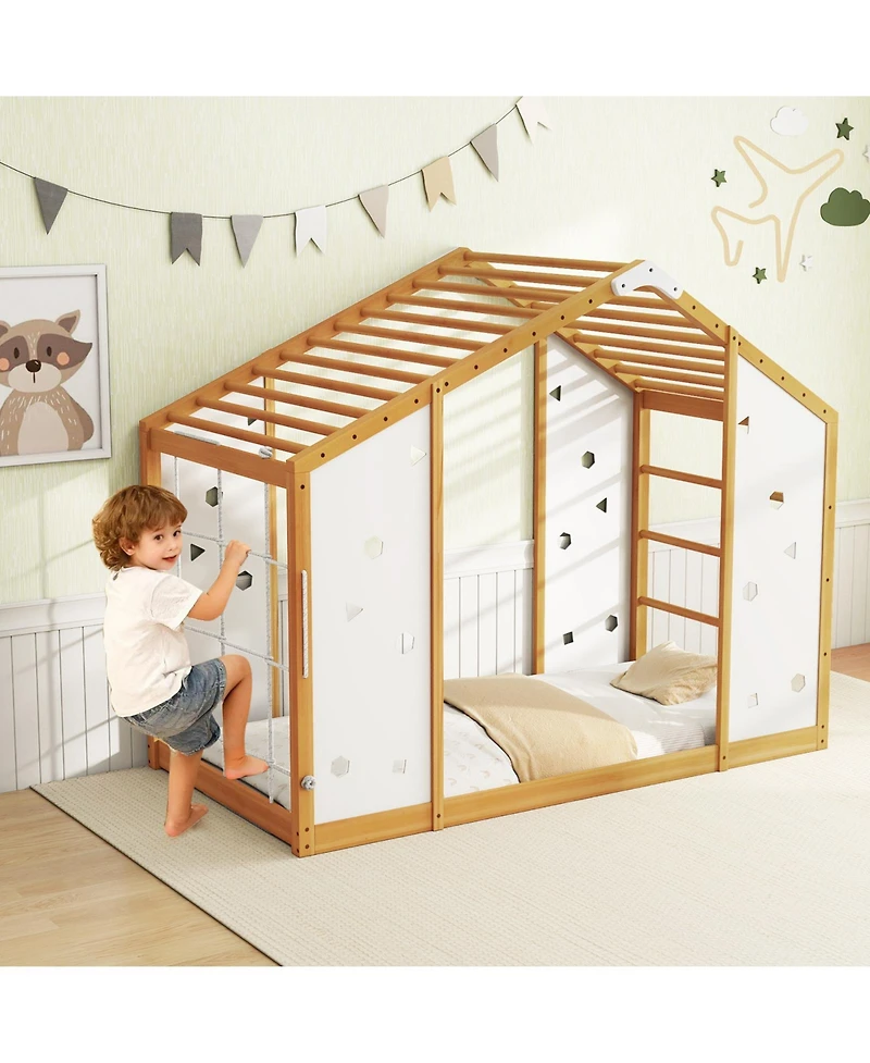 Slickblue Twin Floor Bed with Monkey Bars Montessori Climbing Bed