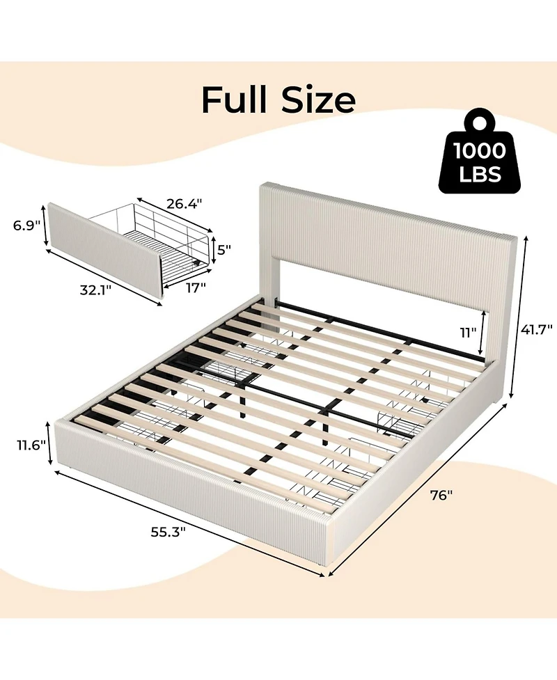 gaomon Platform Bed with 4 Storage Drawers, Upholstered Corduroy Channel Tufted Headboard Frame Strong Wooden Slat Support