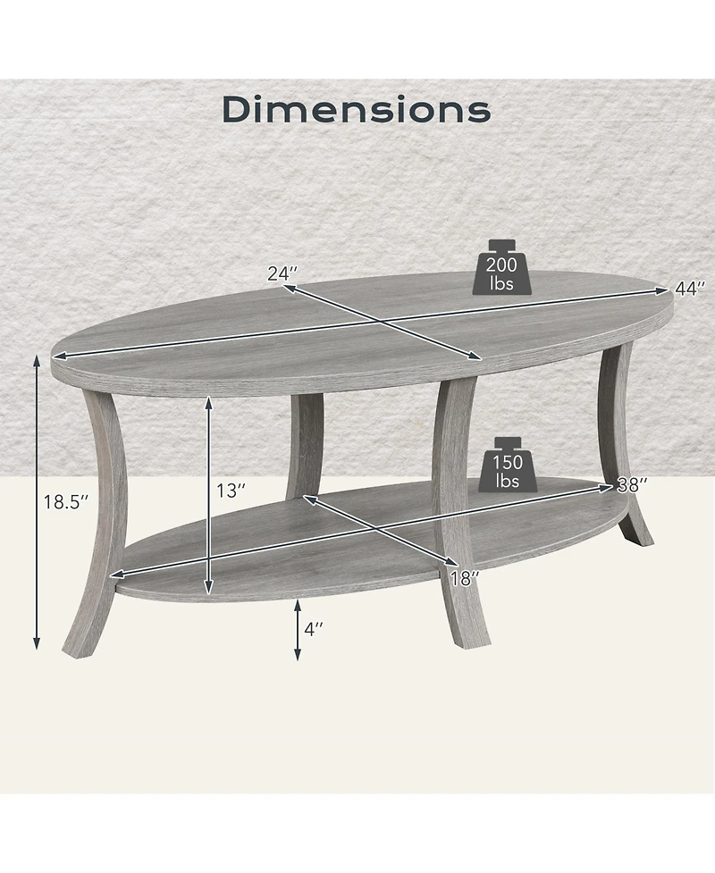 Gymax 2-Tier Oval Coffee Table with Storage Shelf Rubber Wood Accent Tea Table