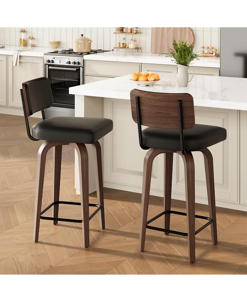 homfan Set of 2 Swivel Counter Height Bar Stools, 26 Inch Upholstered Chairs with Backrest and Mid Century Faux Leather Stools for Kitchen