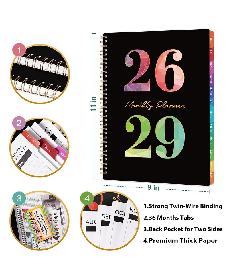 Gnuadz 2026-2029 Monthly Planner 3 Year Calendar Colorful Tabs Pocket