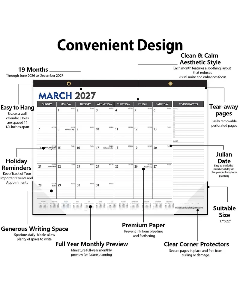 Gnuadz Large Desk Calendar 2026-2027 ,19 Months Desktop Wall Julian Date To-Do Notes Corner Protectors School Home Office