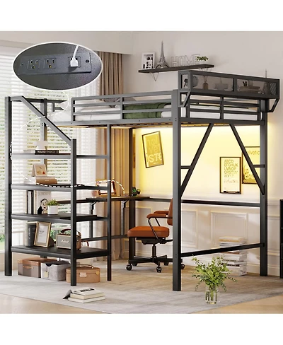 Streamdale Furniture Full Size Metal Loft Bed with Desk, Charging Station, and Storage Stairs
