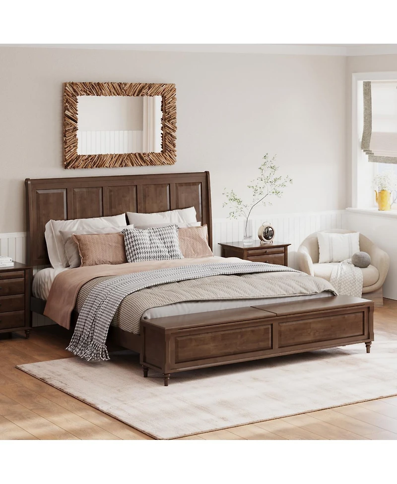 Streamdale Furniture King Bed Frame with Tall Headboard, Storage Bench, and Wood Sleigh Design