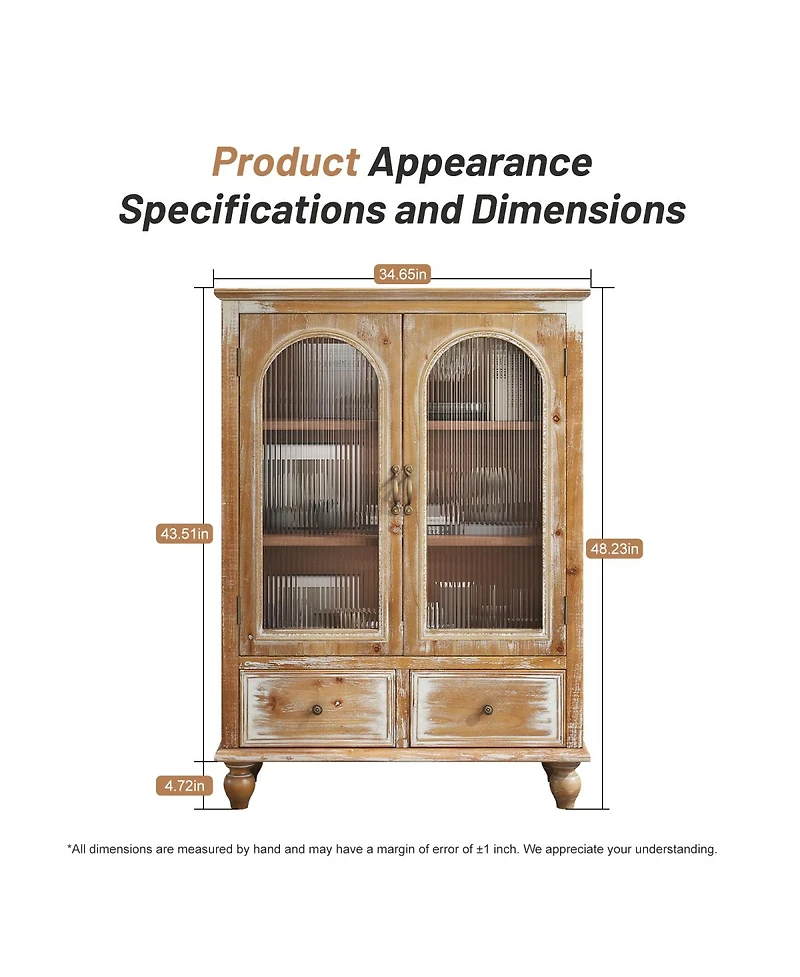 Streamdale Furniture Farmhouse Distressed Wood Kitchen Pantry Cabinet with Glass Doors and Drawers