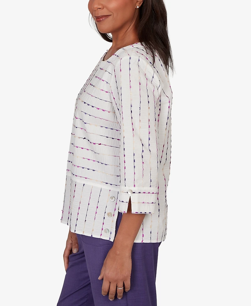 Alfred Dunner Women's Grand Bazaar White Textured Rainbow Stripe Top
