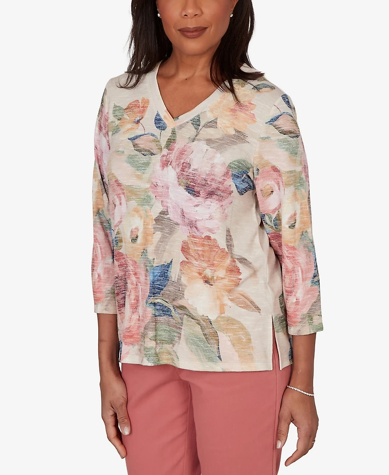 Alfred Dunner Women's Camden Market Bold Roses V-Neck Knit Top