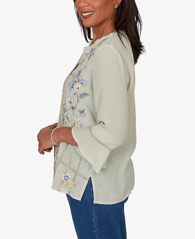 Alfred Dunner Women's Indigo Girls Floral Embroidered Squares Button-Front Top